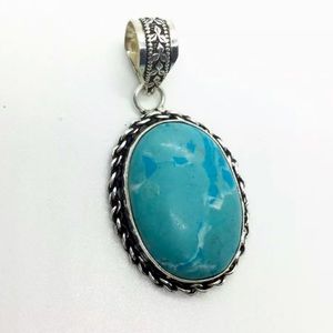 AQUA BLUE CHRYSOCOLLA STERLING SILVER FLORAL PENDANT NECKLACE